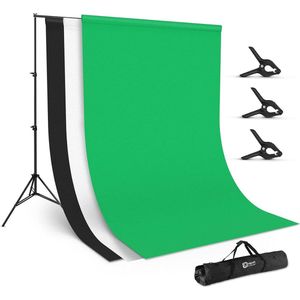 Ombar Achtergrondsysteem voor Fotografie 300x200 cm - Greenscreen Achtergronddoek met statieven en wit/ zwarte extra Achtergronddoeken