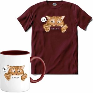 Relax Cat | Katten - Kat - Cats - T-Shirt met mok - Unisex - Burgundy - Maat XXL