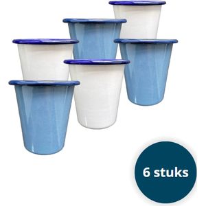 Emaille bekers - Emaille mokken - Emaille Servies - Wit en oud blauw - 6 stuks