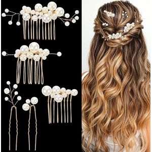 Thelau - Haarspelden voor bruid - Gouden haaraccessoires met parels - Haarkam U-vorm voor bruiloft - 5 stuks voor dames en vrouwen