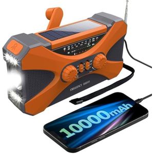 Draagbare zonne-radio met 10000mAh batterij, AM/FM functie, LED zaklamp en USB oplader voor buitengebruik