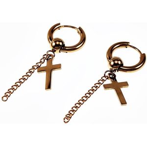 ∅15mm Oorringen Unisex - Stalen Goudkleur - Oorbellen met Ketting een Kruishanger