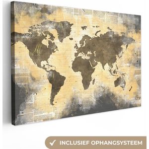 Canvas Wereldkaart - 120x80 - Wanddecoratie Wereldkaart - Gouden - Krant