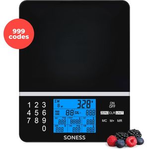 Soness Keukenweegschaal Digitale precisie weegschaal Voedingswaarde analyse - Macro’s meten - Tot 1500 gram Gehard Glas - 999 Voedingscodes