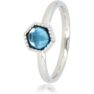 My Bendel - Zilverkleurige ring met blauwe glassteen - Unieke zilverkleurige ring gevormd in een zeshoek met blauwe glassteen - Met luxe cadeauverpakking