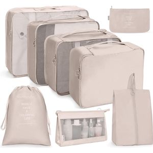 Inpakkubussen, 8 stuks reisorganisator verpakkingszakken, reisbagage verpakking organisatoren, waterdichte reisbenodigdheden tas kleding schoenen cosmetica toiletartikelen opbergzakken (beige)