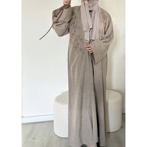 Luxe Dubai Abaya Dames -linnen abaya dames– open kimono met Lange mouwen-ramadan-eid- feestelijke jurk– Modest & Elegant – Luchtige Stof met Subtiele Steentjes – Taupe – Perfect voor Feestelijke & Casual Gelegenheden- abaya dubai-maat 54- uae maat 54