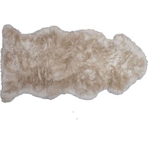 Designer schapenvacht vloerkleed 135 x 60 cm patchwork Beige; Creme; Linnen | Hoogpolig vloerkleed natuurlijke vorm.