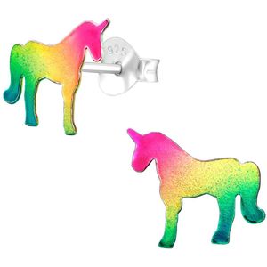 Joy|S - Zilveren regenboog paard oorbellen - 11 x 10 mm - oorknoppen eenhoorn