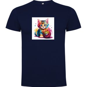 Donker Blauw T-Shirt met “ Kleurrijke Kitten met bol wol “ Print Full Color Maat S
