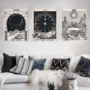 Tarot wandtapijt, set wandtapijten, zon, maan en ster, wanddoek met nagels, zwart en wit katoenen linnen, 40 x 50 cm