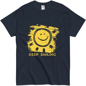 Vrolijk T Shirt Keep Smiling - Opdruk Gele Smiley - Dames & Heren - Katoen - Blauw - L