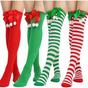 4 paar kerstsokken met strik, pomponsokken, overknee kousen, lange gestreepte kerstsokken voor dames
