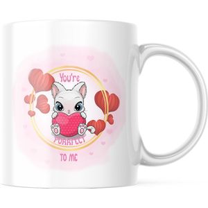 Valentijn Mok met tekst: white cat, your purrfect to me pink background | Valentijn cadeau | Valentijn decoratie | Grappige Cadeaus | Koffiemok | Koffiebeker | Theemok | Theebeker