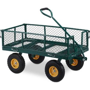 Bolderkar Voor Tuin – Robuuste Transportkar Met Luchtbanden – Stalen Tuinwagen Tot 250 Kg Draagkracht – Groen – Tuinkar Voor Vervoer Van Gereedschap – Planten – Aarde – Hout