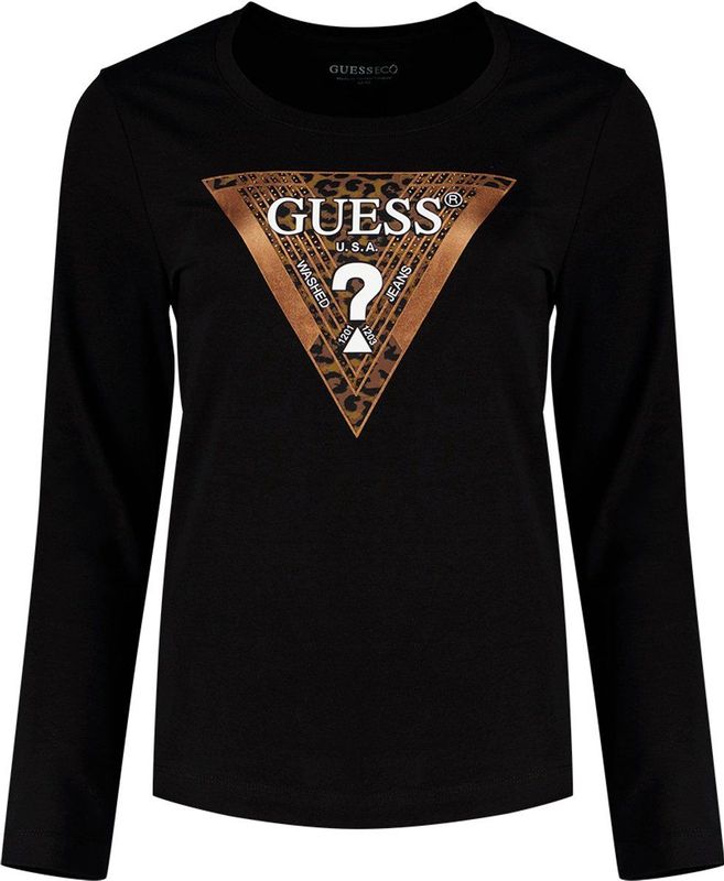 Guess - Long Sleeve Printed Round Neck T-Shirt - Zwart - Dames