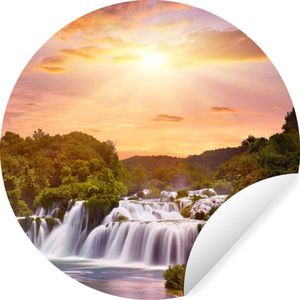 Behangcirkel - Waterval - Zonsondergang - Bos - Zelfklevend behang - 50x50 cm - Rond behang - Behang zelfklevend - Behangsticker - Schilderij rond