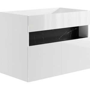 Badkamermeubel met LED-verlichting - Wit en zwart marmer effect - L80 cm - POZEGA L 80 cm x H 60 cm x D 46 cm