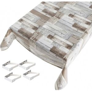 Buiten tafelkleed/tafelzeil houten planken print 140 x 170 cm met 4 tafelkleedklemmen - Tuintafelkleed tafeldecoratie