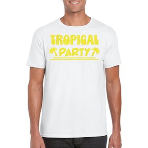Bellatio Decorations Tropical party T-shirt heren - met glitters - wit/geel - carnaval/themafeest S