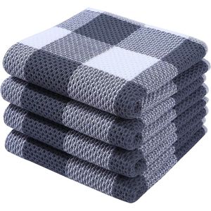 Set van 4 theedoeken, 100% katoen, 33 x 71 cm, zachte theedoeken, absorberend, keukendoeken, pluisvrij, plaidpatroon, theedoeken, poetsdoeken, donkergrijs en wit
