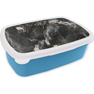 Broodtrommel Blauw - Lunchbox - Brooddoos - Marmer - Zwart - Goud - Patroon - 18x12x6 cm - Kinderen - Jongen