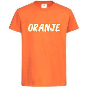 T-shirt Kinderen ""ORANJE"" Op Voorkant EK Voetbal Europees Kampioen Kampioenschap Oranje Koning Koningsdag | korte mouw | Oranje/wit | maat 158/164