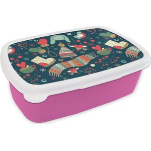 Broodtrommel Roze - Lunchbox - Brooddoos - Winter - Design - Thee - Handschoenen - Muts - 18x12x6 cm - Kinderen - Meisje