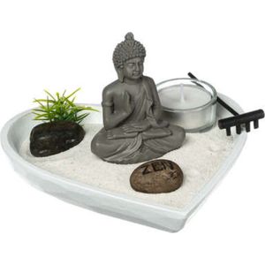Atmosphera Hartvormig Mini Zen Tuin – Wit plateau met boeddha, zand, stenen, harkje en kaars