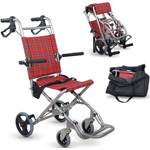 Mobiclinic Neptuno - Rolstoel - Inklapbaar - Transport rolstoel -Lichtgewicht Travel Rolstoel - Aluminium - Veiligheidsgordel - Vouwbare voetsteunen en armsteunen - Ruitjespatroon