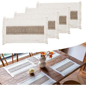 Boho Geweven Katoenen Placemats - Set van 4 - Handgeweven Franje - Wasbare Boerderij Linnen - Kwastje Doek - Tafelmatten - Rustieke Macrame Placemats - Eettafel Decor (A)