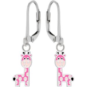 Oorbellen meisje | Zilveren kinder oorbellen | Zilveren oorhangers, roze giraf met lichtroze vlekken
