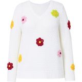 MIAMODA - Dames - Pullover classic fit 3D-bloemen zijsplitten - Off-white - Maat 46+