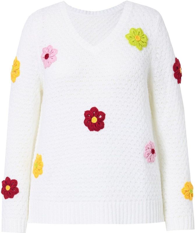 MIAMODA - Dames - Pullover classic fit 3D-bloemen zijsplitten - Off-white - Maat 46+