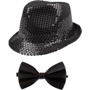Toppers in concert - Folat - Verkleedkleding set - Glitter hoed/strikje zwart volwassenen