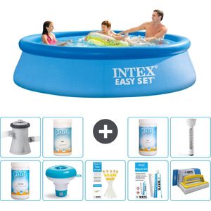 Intex Rond Opblaasbaar Easy Set Zwembad - 305 x 76 cm - Blauw - Inclusief Pomp Chloor - Chloordrijver - Testrips - Reparatiesetje - Scrubborstel - PH-waarde - PH-waarde - Thermometer
