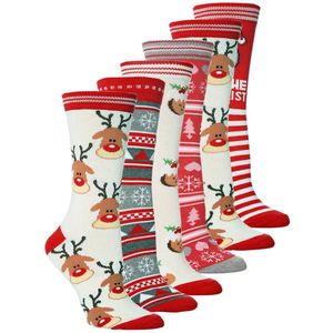 5 paar kerstsokken - Unisex kousen met rendiermotief - Unieke katoenen kousen - Kousen tot halverwege de kuit - Kerstsokken