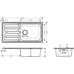 hansgrohe S44 inbouwspoelbak 500, roestvrij staal, met afdruipgedeelte, 1000x500mm, 43367800