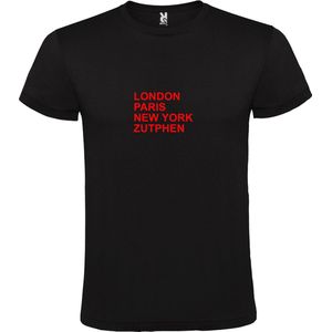 Zwart T-shirt 'LONDON, PARIS, NEW YORK, ZUTPHEN' Rood Maat XS