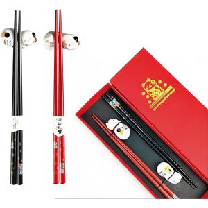 Sushi Eetstokjes set van 2 paar houten chopsticks met kattenkeramische onderleggers in premium geschenkdoos - Vaatwasmachinebestendig voor Chinese en Japanse gerechten.