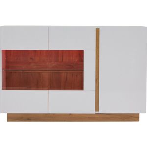 Dressoir hoogglans ladekast, wit met glas, houten onderstel, kast hal kast 138*38*90.5cm