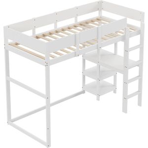 Merax Eenpersoonsbed Hoogslaper 90x200 cm met Planken voor Opbergruimte - Kinder- en Tiener Bed van Massief Hout – Wit
