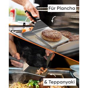 Grillspatelset van roestvrij staal - hoogwaardige plancha spatel incl. 20 x hamburgerpapier voor Smash Burgers - vaatwasmachinebestendige grillspatel voor plancha & teppanyaki - ideale
