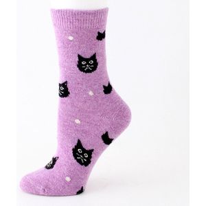 Dames Warme Winter Sokken met Wol - Huissokken - Wandelsokken - paars - roze- wol - leuke print zwarte kat - 36-40 - cadeau voor haar - geschenk vrouwen - gift