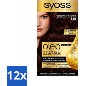 12 x SYOSS - Oleo Intense 3-22 - Haarverf - Permanente Haarkleuring - Warm Donker Bordeaux - Langdurige Kleur - Permanente Haarkleuring - Bordeauxrode Haarkleur - Warme Haarkleur - Haarkleuring Zonder Ammoniak - Argan Olie