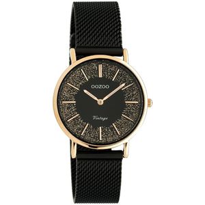 OOZOO Timepieces - Rosé goudkleurige horloge met zwarte metalen mesh armband - C20143
