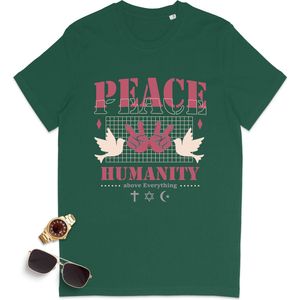 Heren t shirt met print - Tshirt mannen Peace  Humanity - Maten S t/m 3XL - Shirt kleuren: zwart, groen en paars.