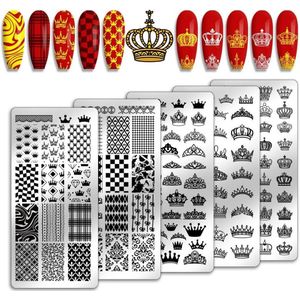 TheLau - 5 stuks Nail Stempel Set voor Koning Koningin Nail Art - Mode Diamanten Patronen - Nagel Sjablonen met Kroon en Lijn Grid Designs - Elegante Nageldecoratie - Nail Design Tools - Printsjablonen