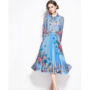 Vroege herfst Bow Stitching Lace hoge taille geplooide retro print jurk (kleur: lange mouw blauw maat: XL)-Blauw