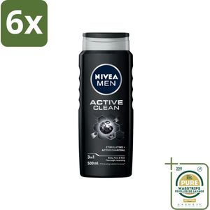 NIVEA MEN - Douchegel - Active Clean - 500 ml - Voordeelverpakking - 6 stuks - Reinigende douchegel - Lichaam reinigen